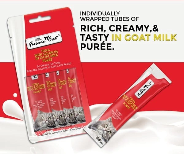 Fussie Cat Tuna with Salmon in Goat Milk Puree Lickable Cat Treats