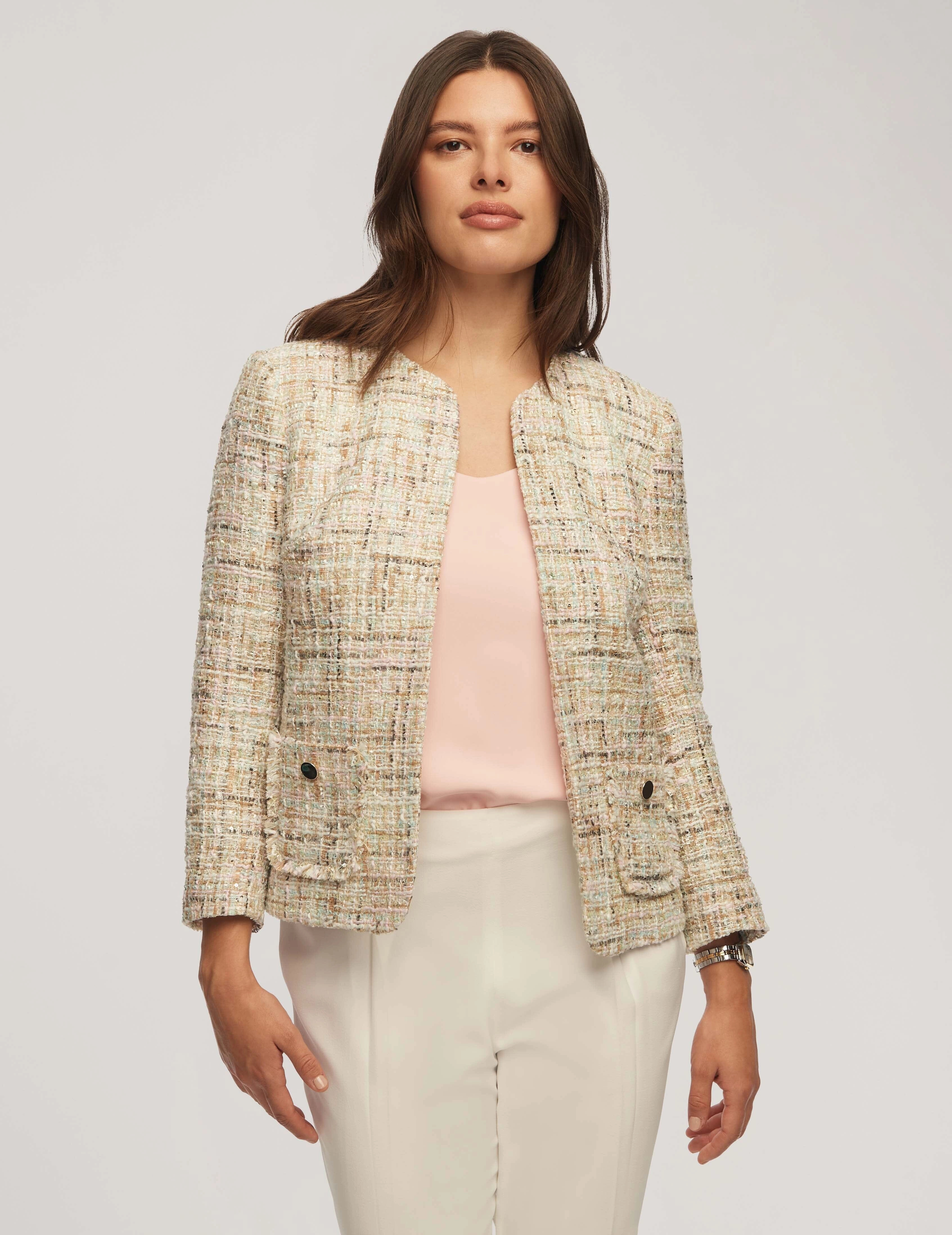 Novelty Sequin Tweed Jacket With Fringe Pockets- Sale