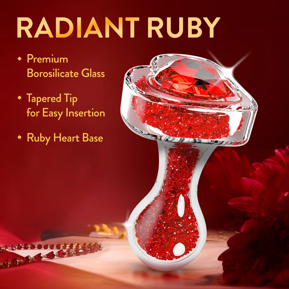 Oh My Gem | Lustre Glass Anal Plug With Ruby Heart-Shaped Base - Body-Safe Borosilicate Glass With Tapered Tip - In Red