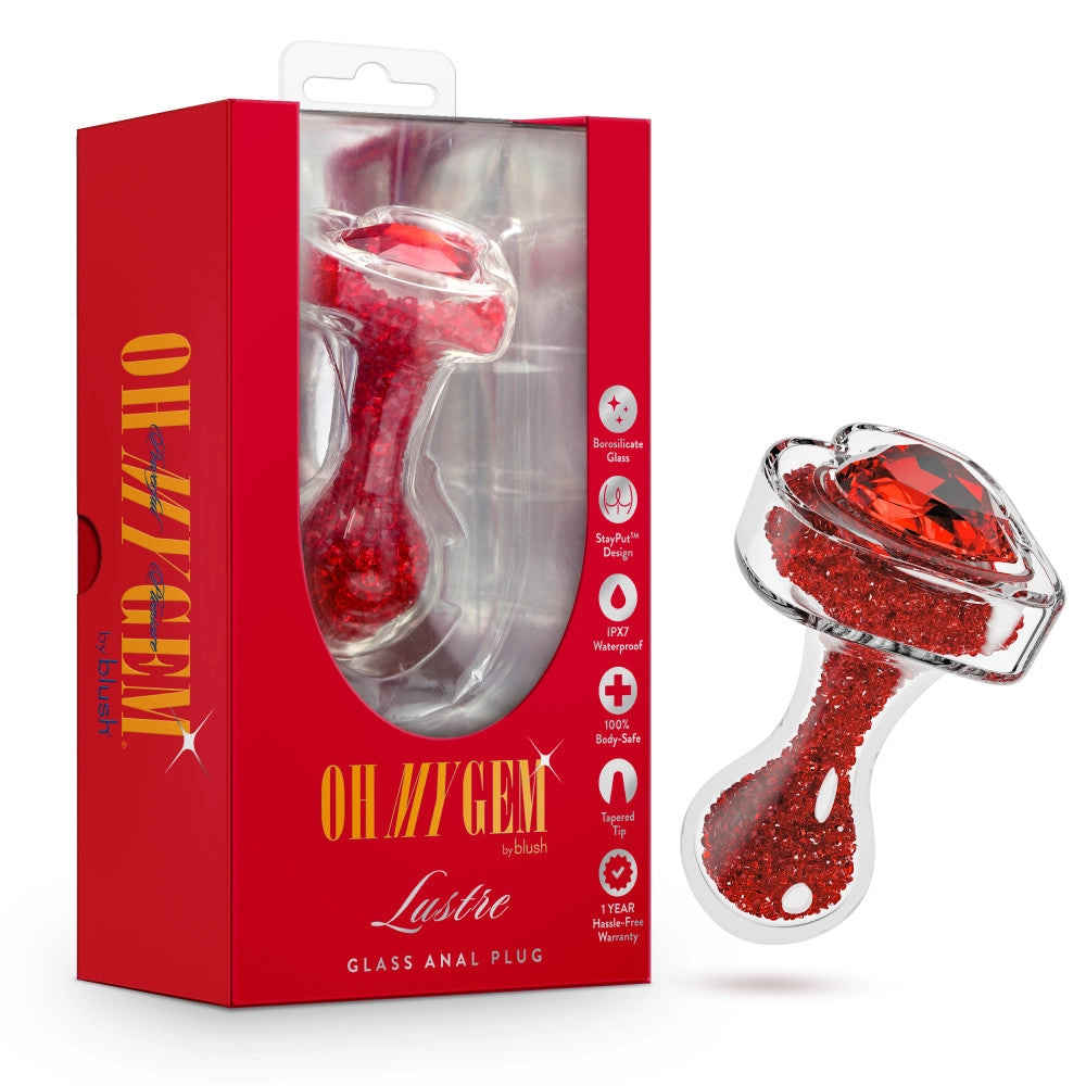 Oh My Gem | Lustre Glass Anal Plug With Ruby Heart-Shaped Base - Body-Safe Borosilicate Glass With Tapered Tip - In Red