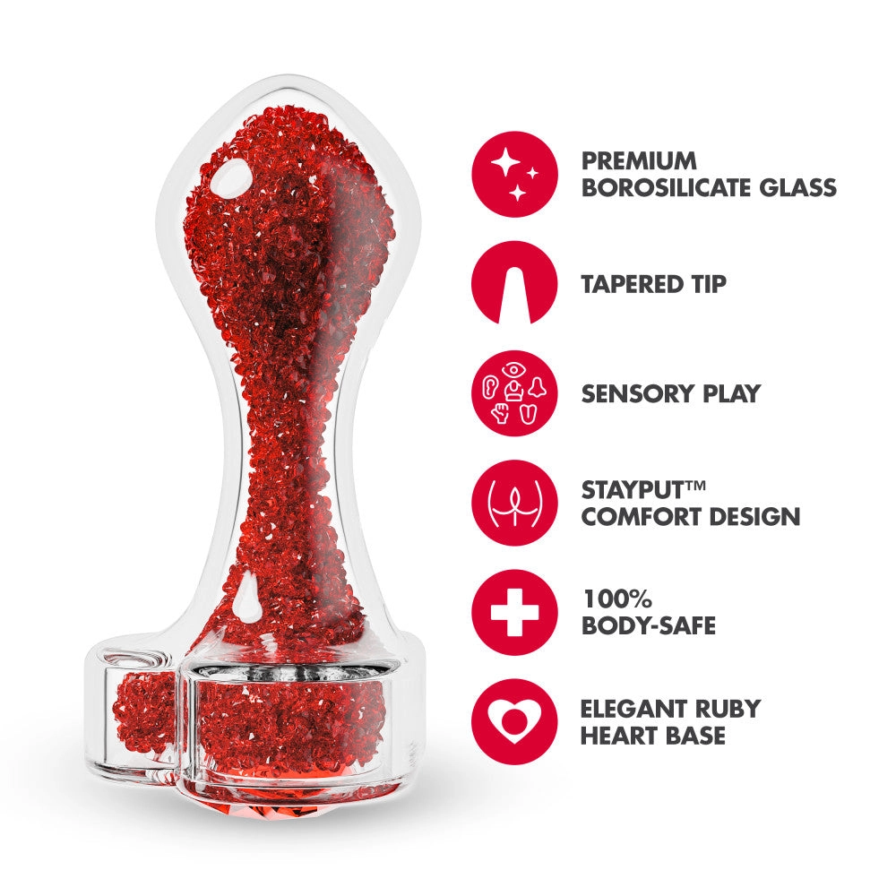 Oh My Gem | Lustre Glass Anal Plug With Ruby Heart-Shaped Base - Body-Safe Borosilicate Glass With Tapered Tip - In Red