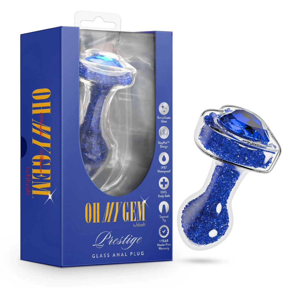 Oh My Gem | Prestige Glass Anal Plug With Sapphire Heart-Shaped Base – Body-Safe Borosilicate Glass With Tapered Tip – In Blue