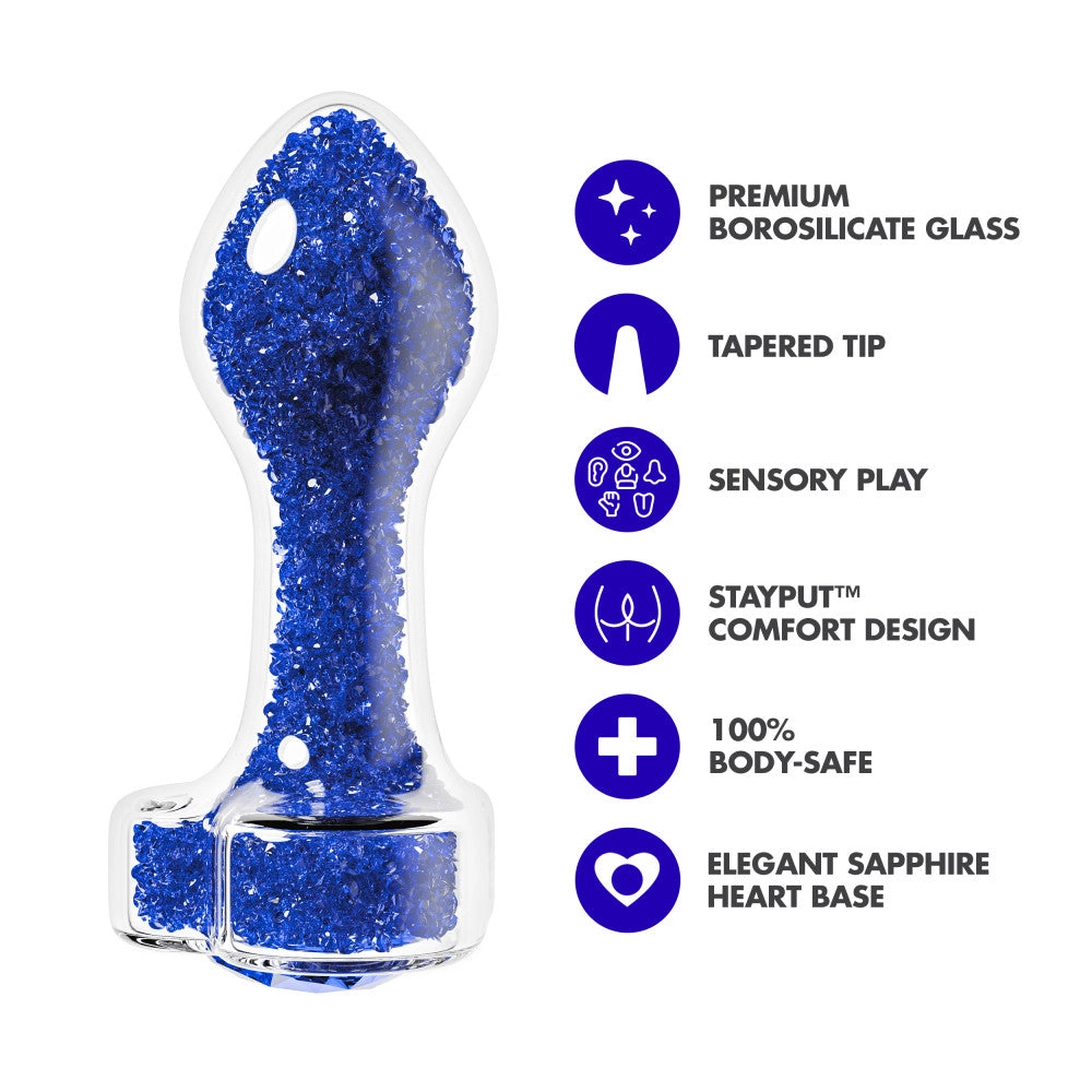 Oh My Gem | Prestige Glass Anal Plug With Sapphire Heart-Shaped Base – Body-Safe Borosilicate Glass With Tapered Tip – In Blue