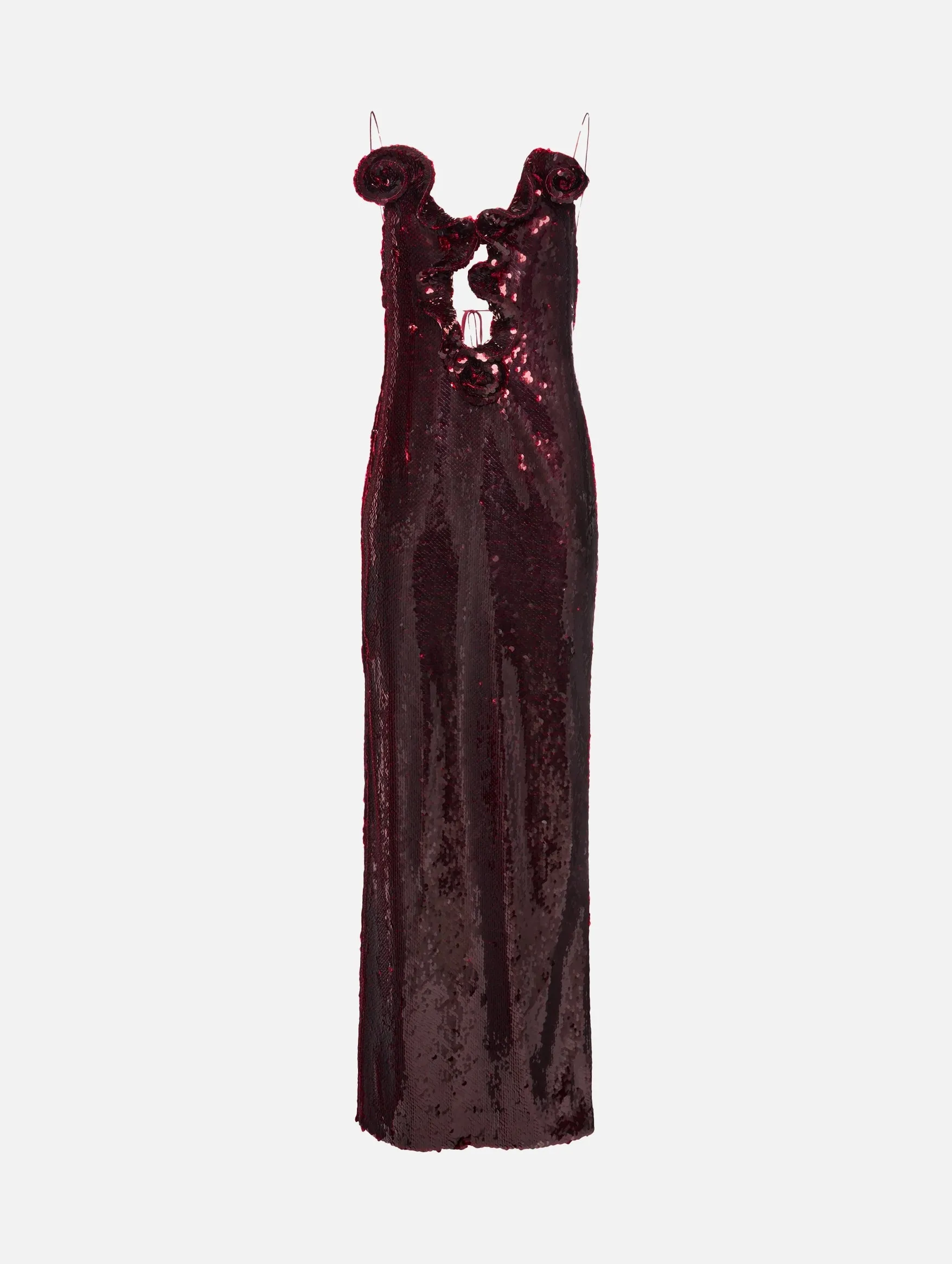 Ruffle Applique Sequin Gown in Bordeaux
