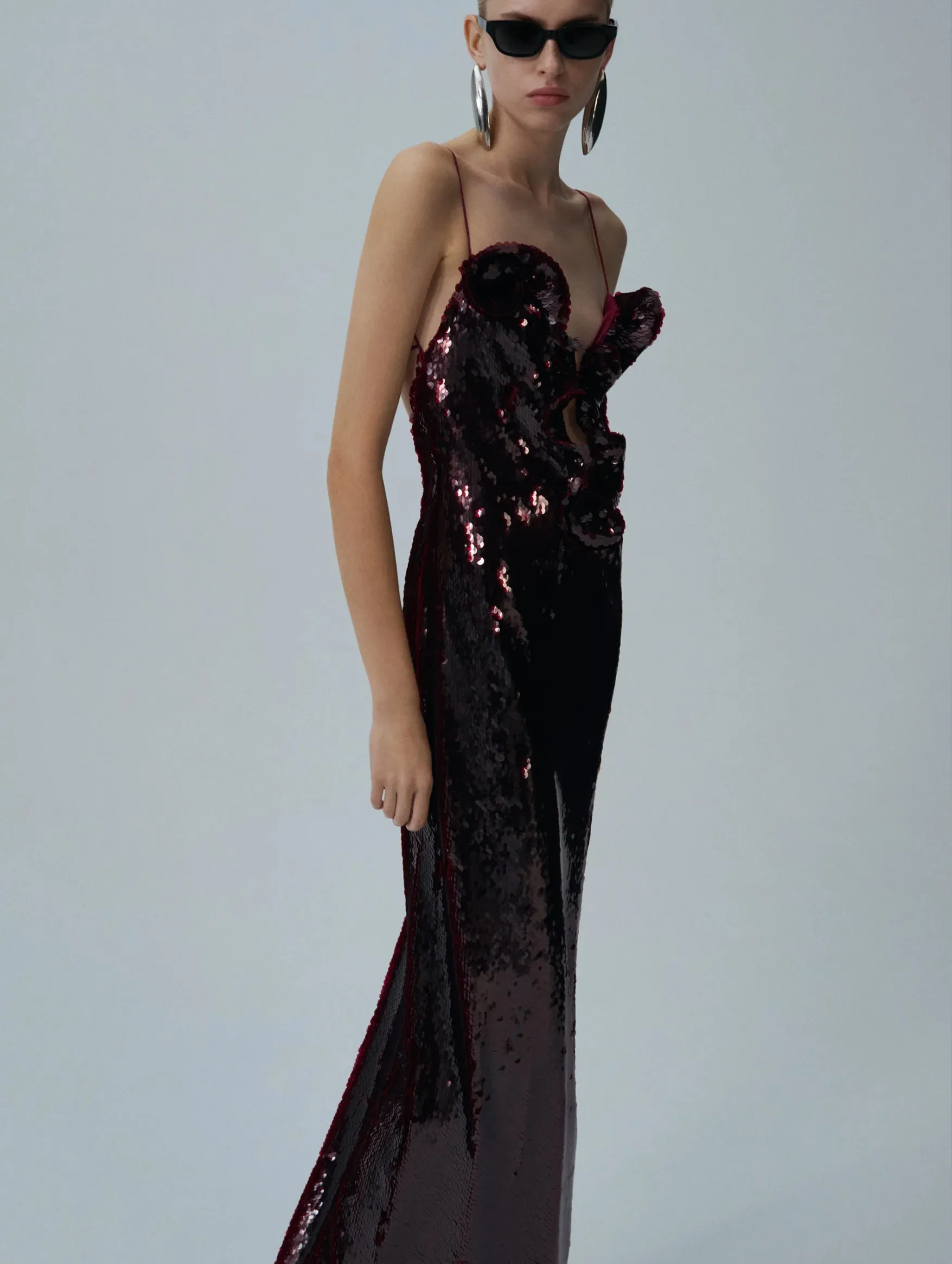 Ruffle Applique Sequin Gown in Bordeaux