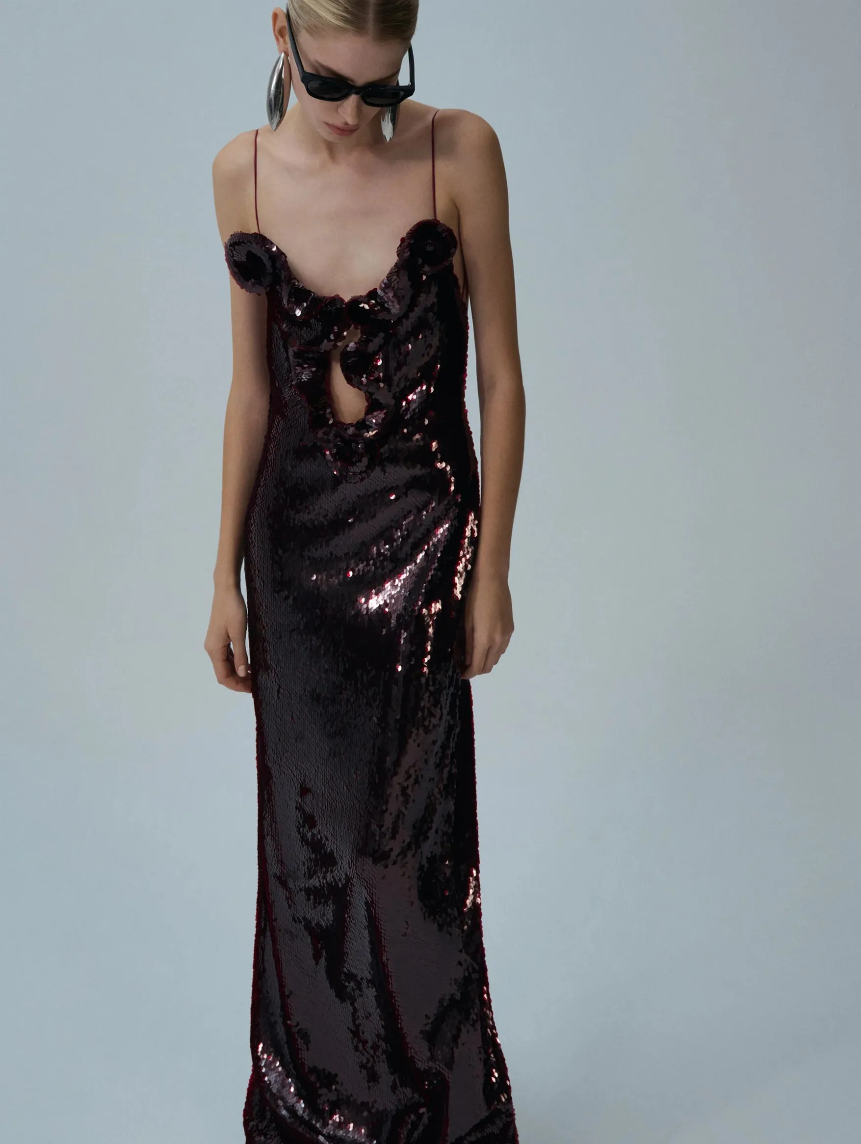 Ruffle Applique Sequin Gown in Bordeaux