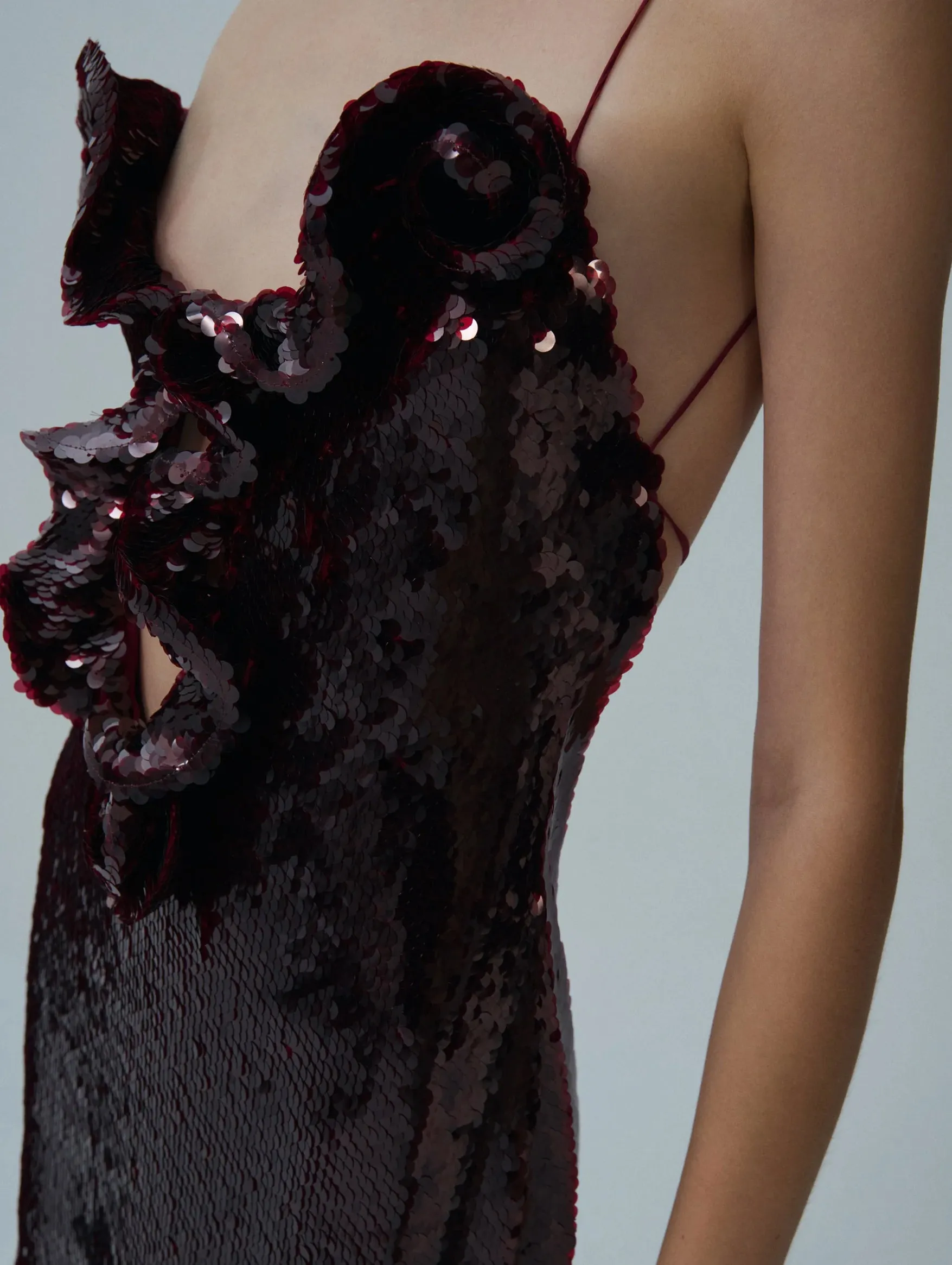 Ruffle Applique Sequin Gown in Bordeaux