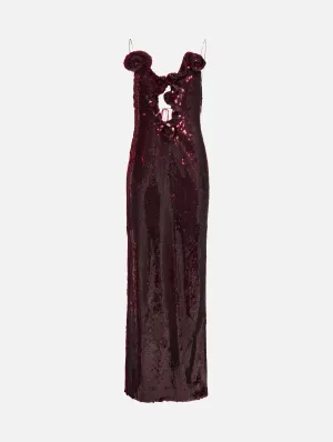Ruffle Applique Sequin Gown in Bordeaux