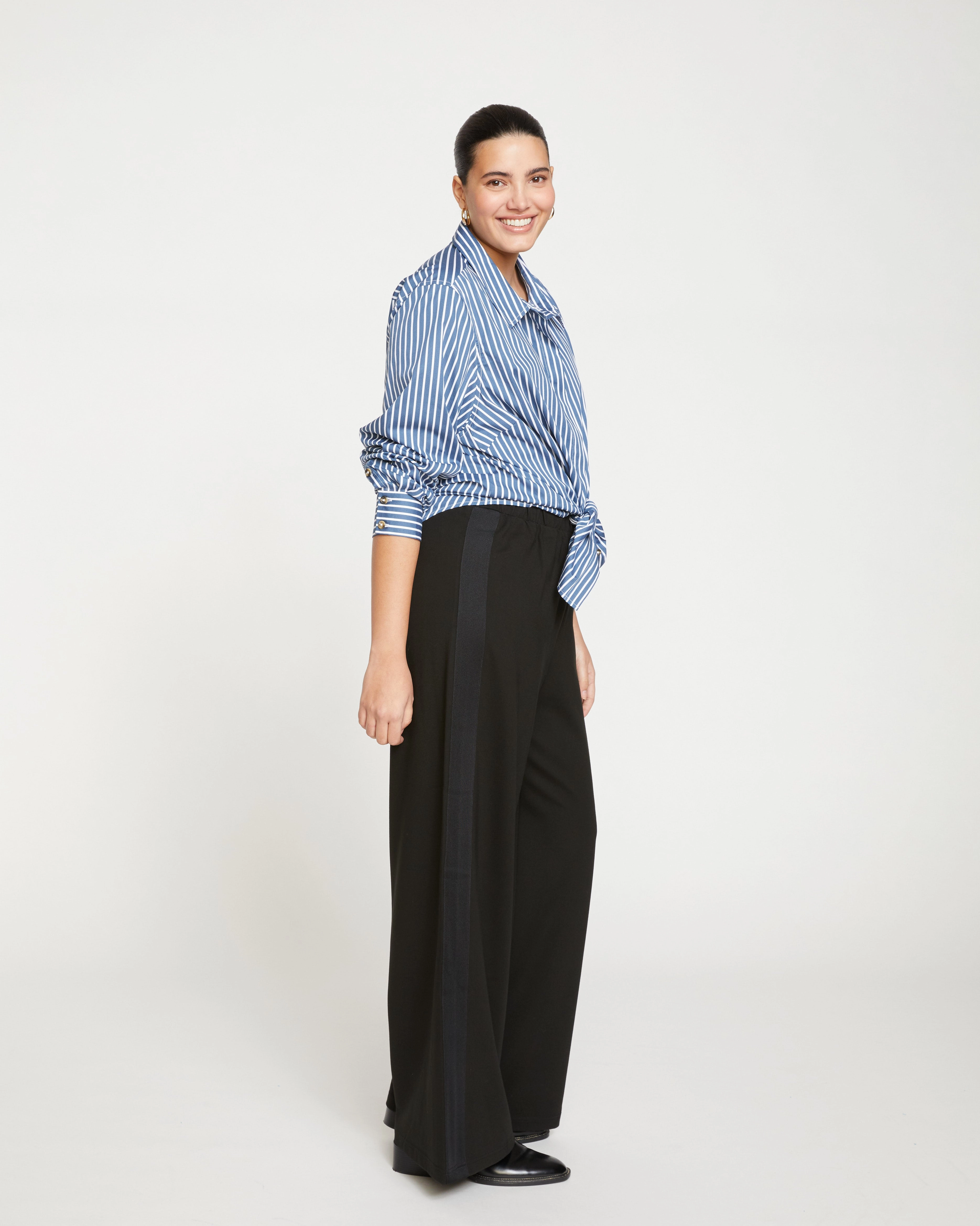 Stephanie Wide Leg Stripe Ponte Pants 33 Inch - Black with Black Stripe