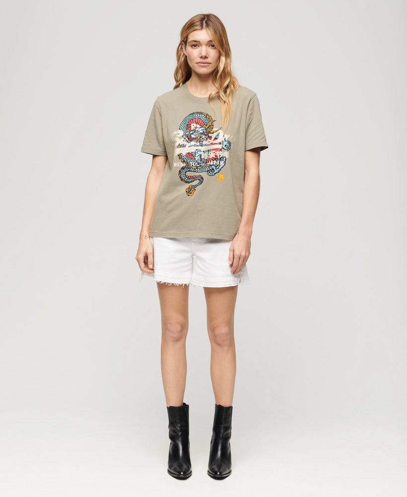 Tokyo Vintage Logo Relaxed T Shirt Eclipse Navy | Light Khaki Green