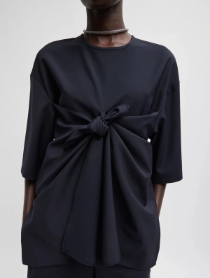 Tropical Wool Tie Front T-Shirt in Navy